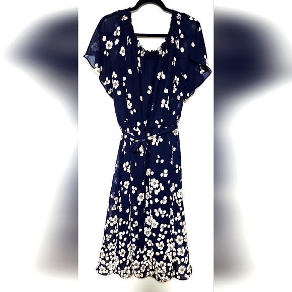 Studio One Blue Floral Flutter Sleeve Belted Dress Size 18W - Picture 1 of 8